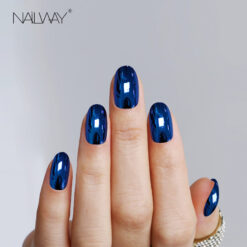 Nailway High End Custom Short Oval Shape Mirror Effect Deep Blue Color Fake Nails For Women And Girls
