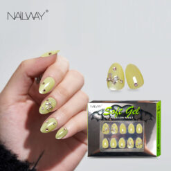 Nailway 30Pcs Cat Eye Yellow Color Glossy Soft Gel Fake Nails With Rhinestones