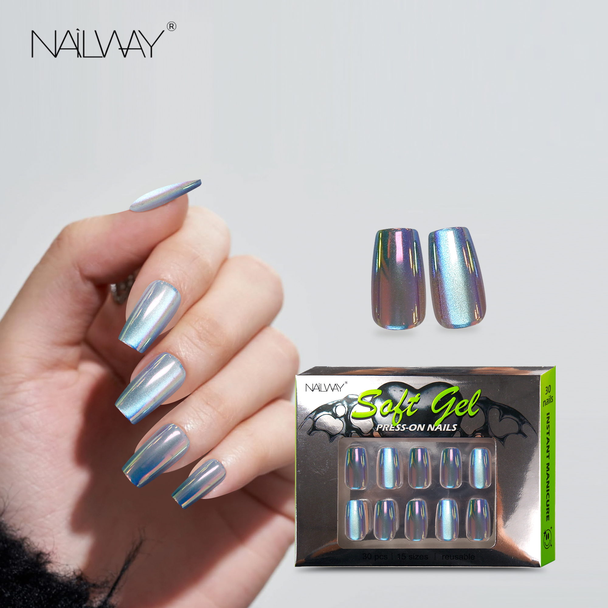 Beautiful Blue Color Medium Long Square Chrome Finger Nails Reusable Press On Nails - Image 5