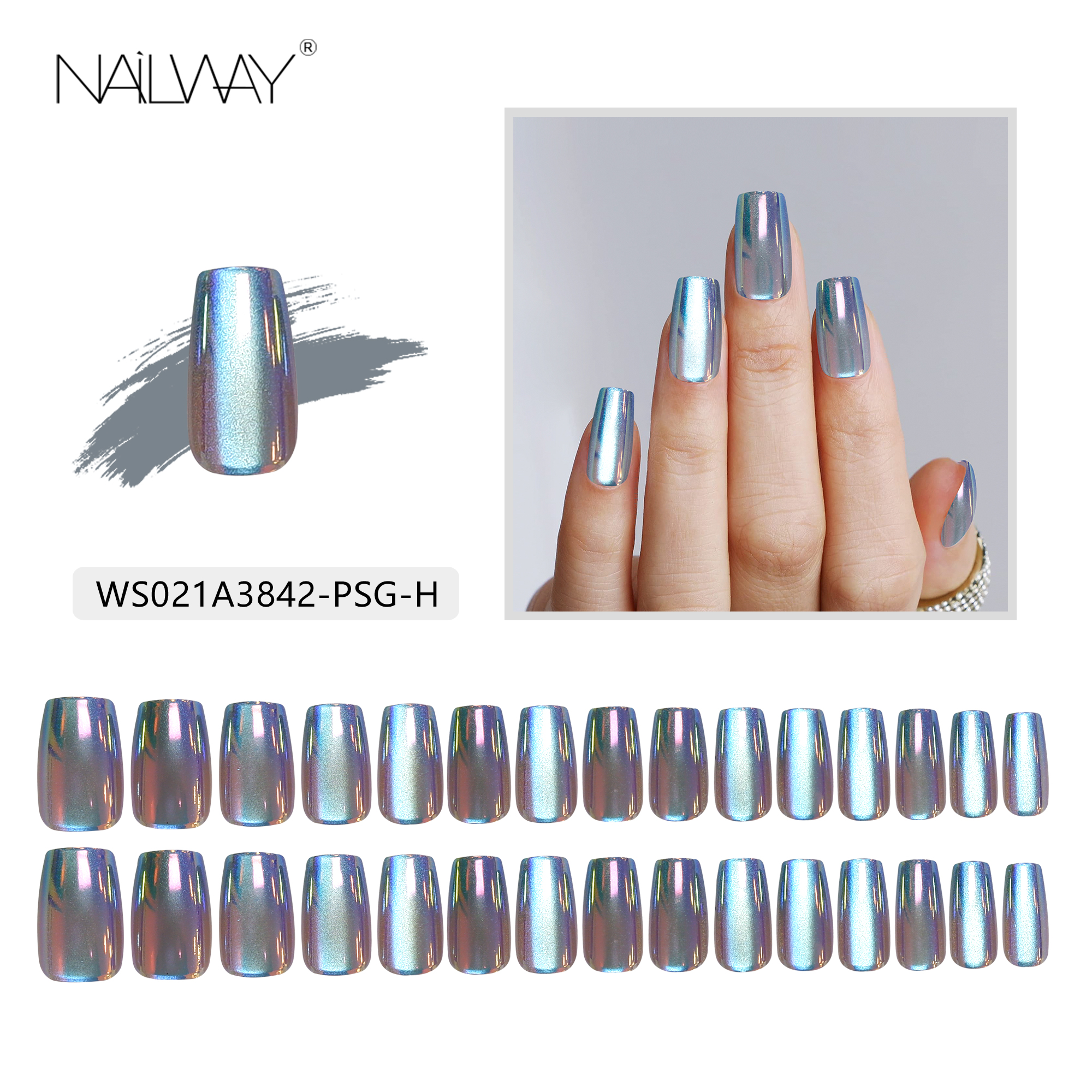 Beautiful Blue Color Medium Long Square Chrome Finger Nails Reusable Press On Nails - Image 4