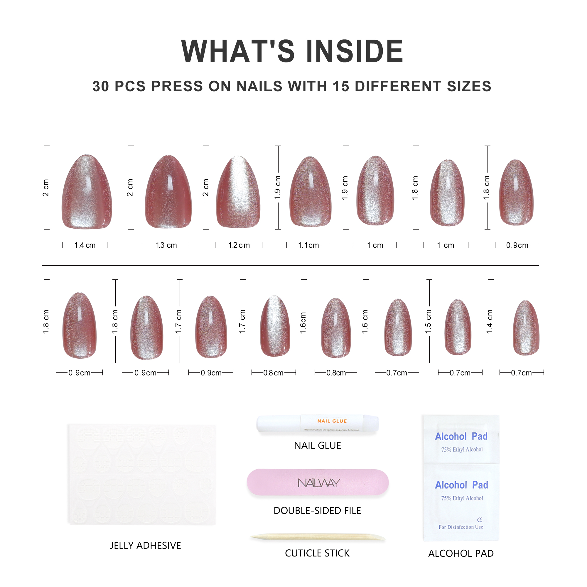 Hot Selling 30Pcs Shiny Cat Eye 30Pcs 15 Sizes Stiletto Press On Nails Artificial Finger Nails - Image 3