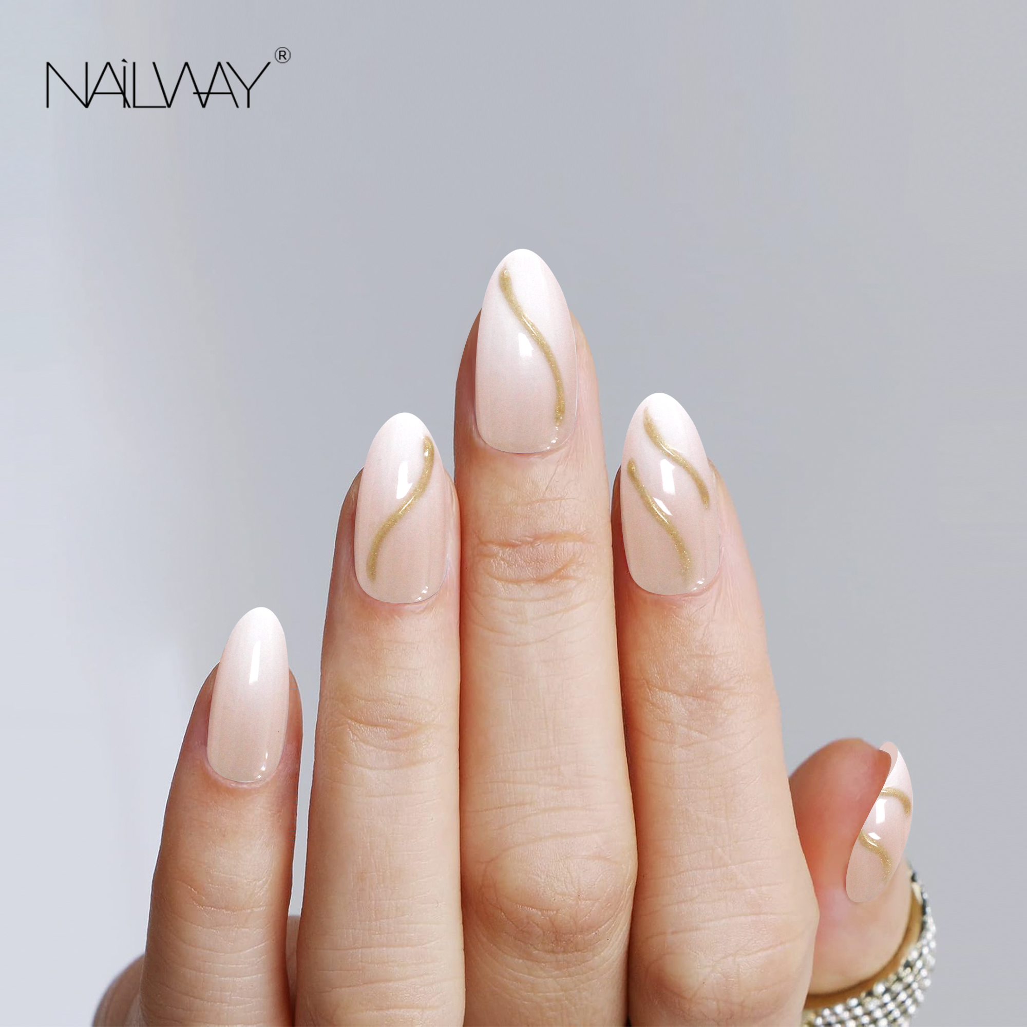 Nailway 30Pcs 15 Sizes Stiletto Shape French Artificial Nails Gel Press On Nails With Gold Foil - Image 2