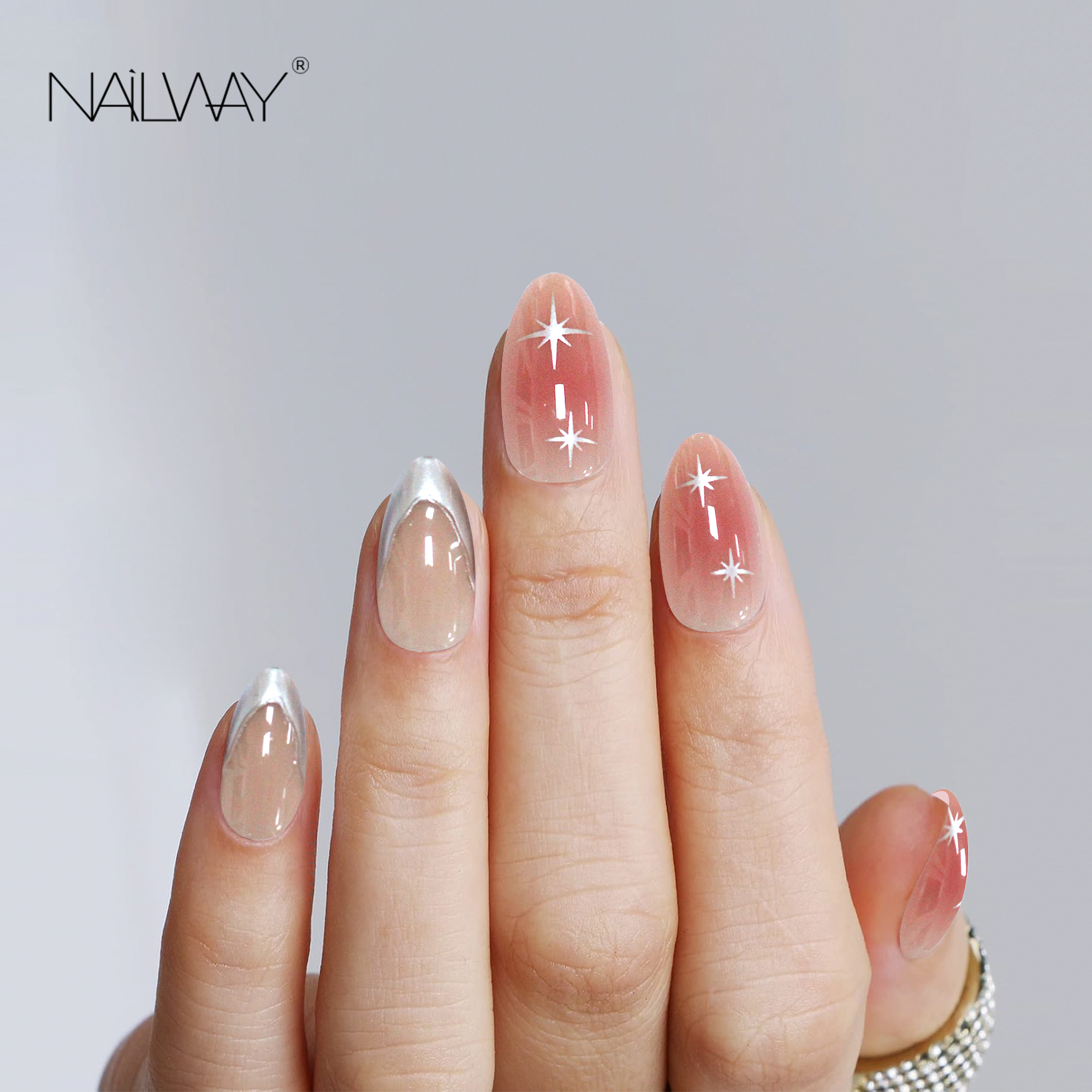 Glossy Full Cover False Nails 30Pcs 15 Sizes Ombre Pink Star Print Silver French Tip Finger Nails - Image 5