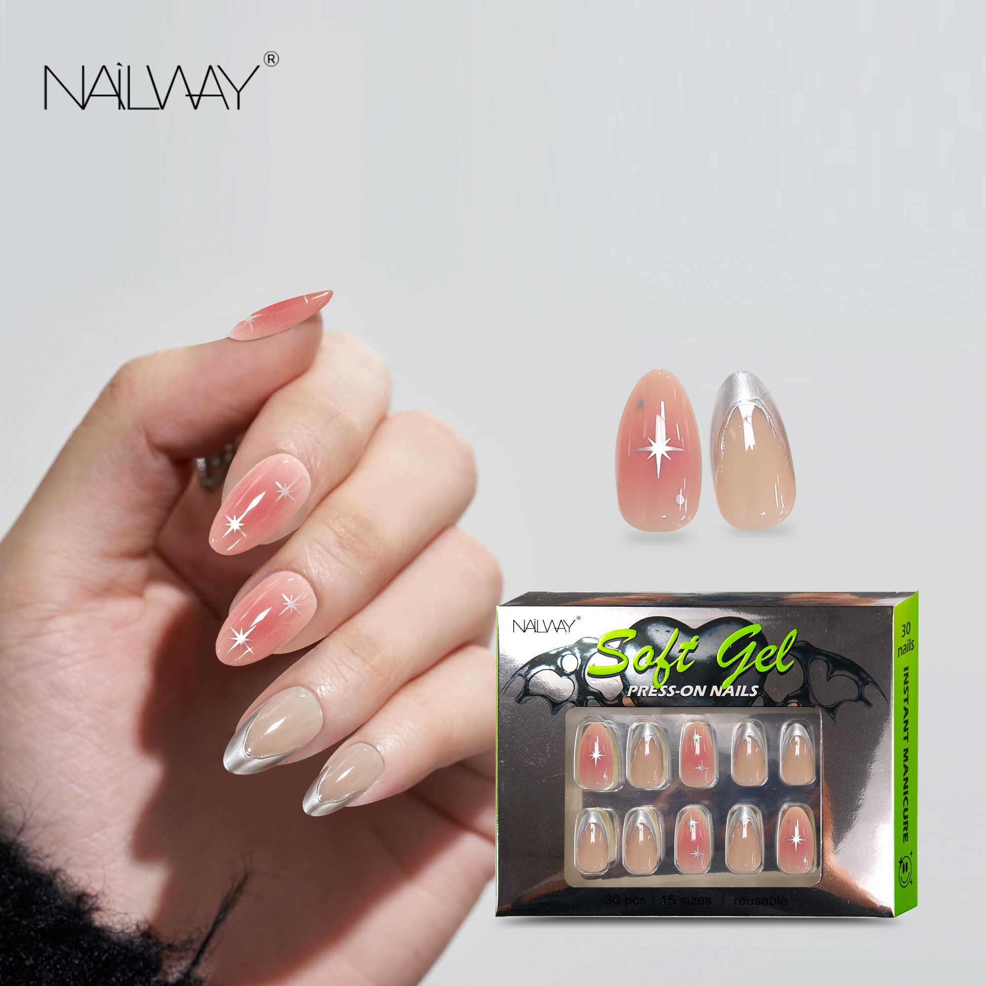 Glossy Full Cover False Nails 30Pcs 15 Sizes Ombre Pink Star Print Silver French Tip Finger Nails