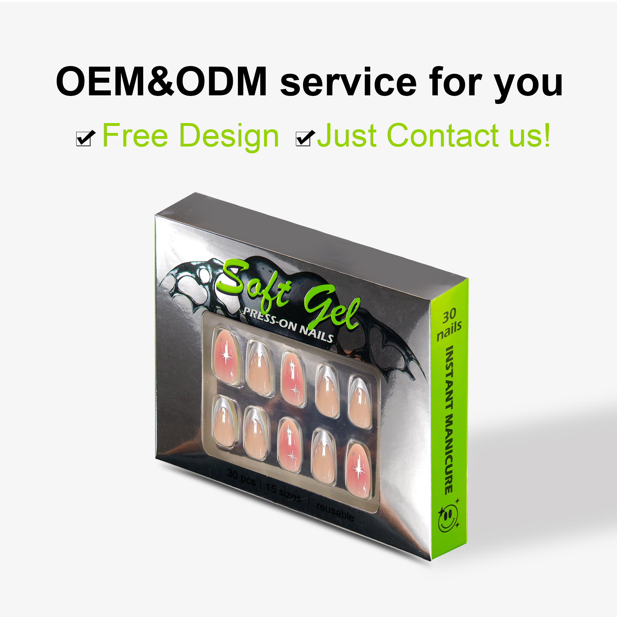 Glossy Full Cover False Nails 30Pcs 15 Sizes Ombre Pink Star Print Silver French Tip Finger Nails - Image 2