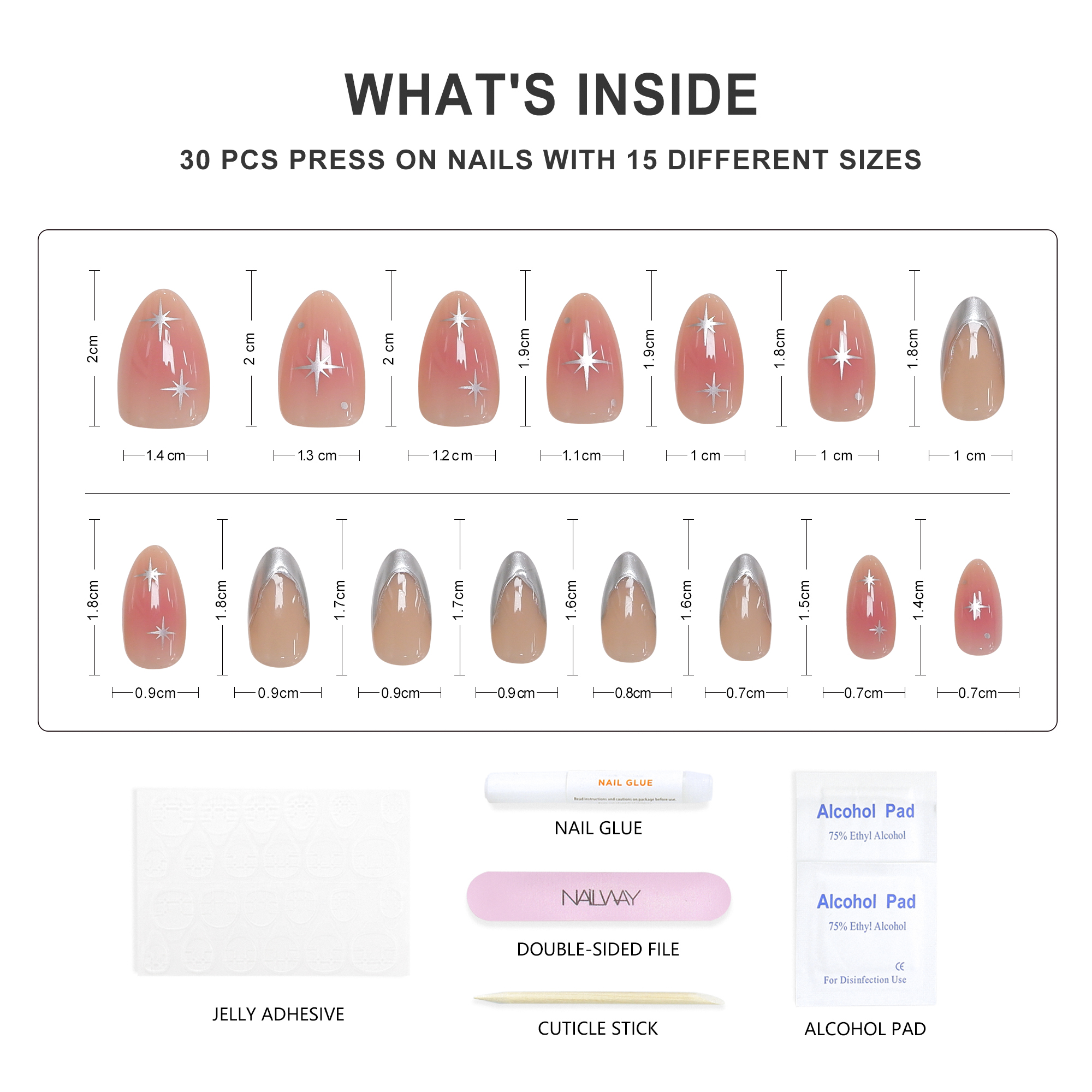 Glossy Full Cover False Nails 30Pcs 15 Sizes Ombre Pink Star Print Silver French Tip Finger Nails - Image 3