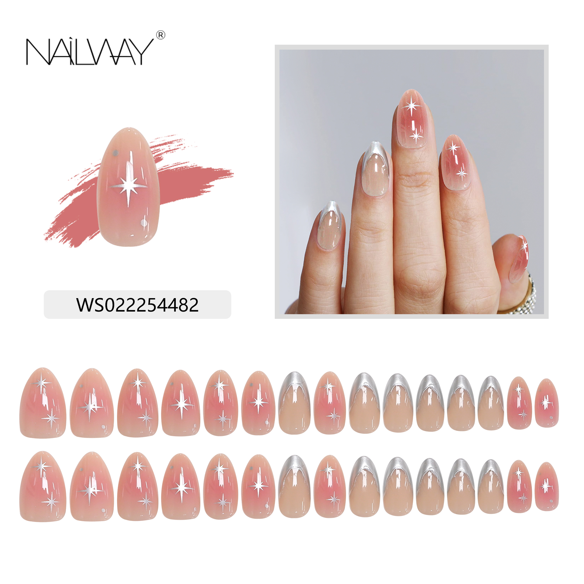 Glossy Full Cover False Nails 30Pcs 15 Sizes Ombre Pink Star Print Silver French Tip Finger Nails - Image 4