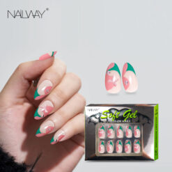 Reusable 30Pcs 15 Sizes Medium Long Stiletto Pink And Green Gel Fake Nails Artificial Nails With Butterfly Decoration