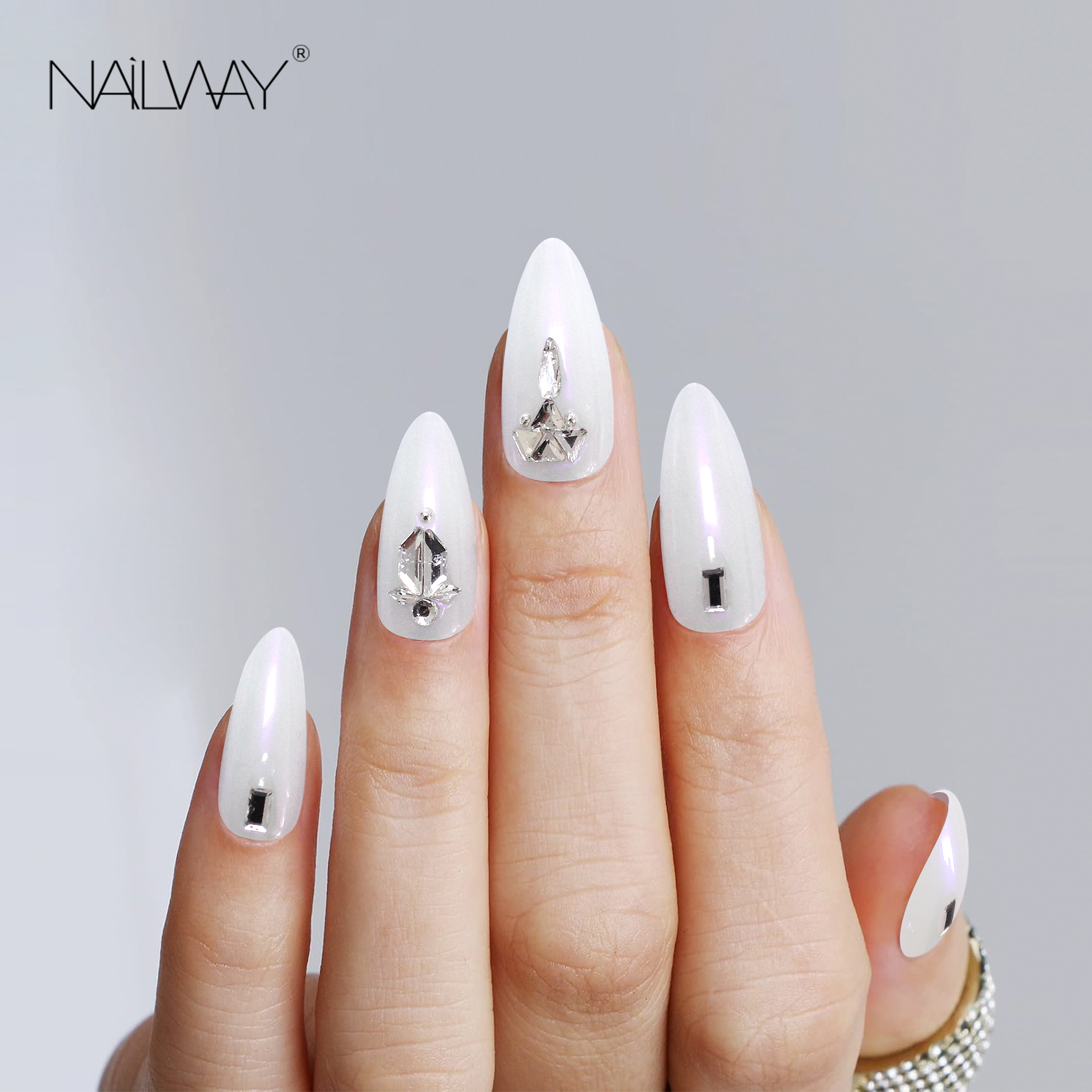Nailway Luxury White Color GLossy Almond 30Pcs Press On Nails With Rhinestones - Image 2