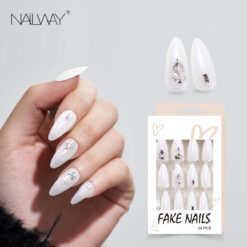 Nailway Luxury White Color GLossy Almond 30Pcs Press On Nails With Rhinestones