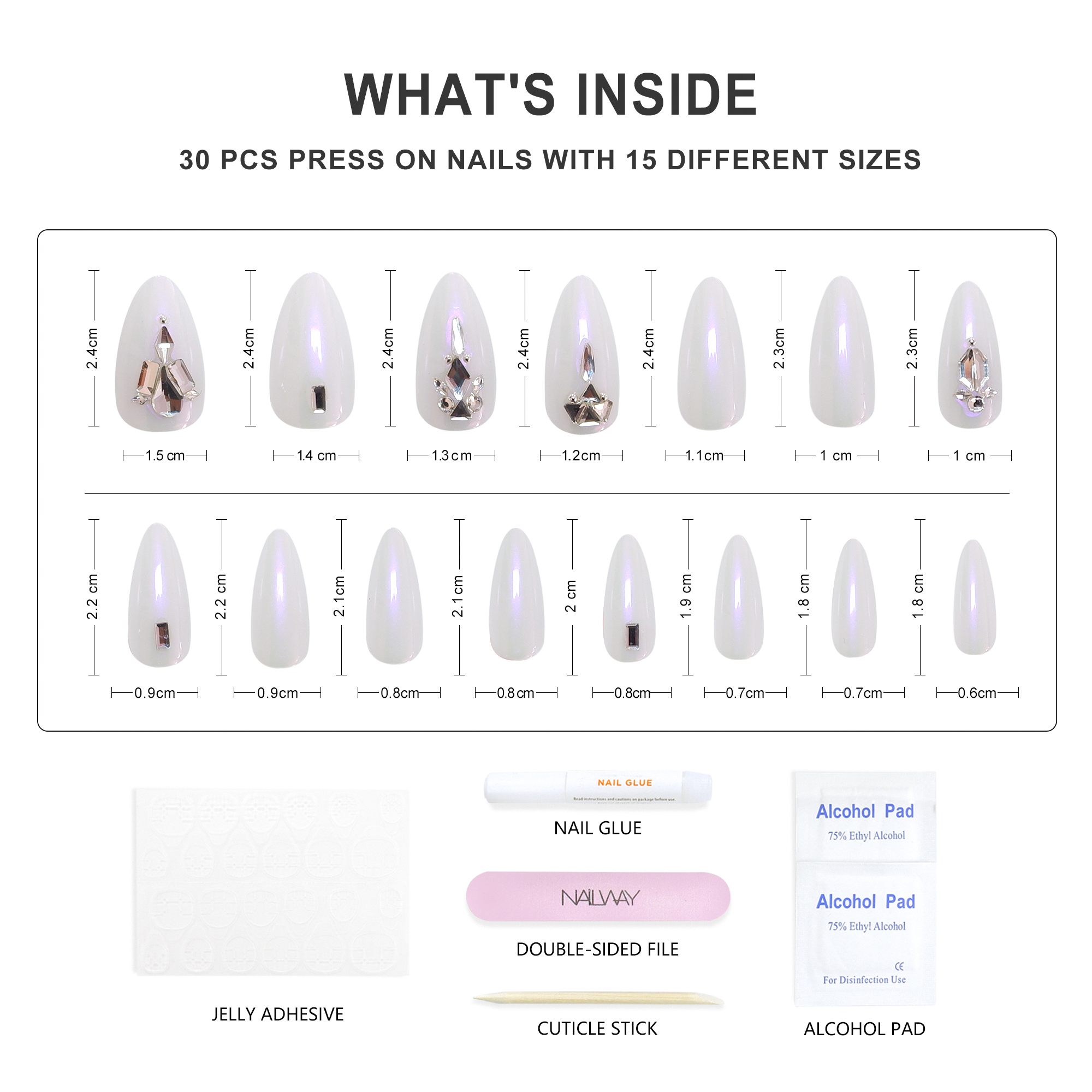 Nailway Luxury White Color GLossy Almond 30Pcs Press On Nails With Rhinestones - Image 4