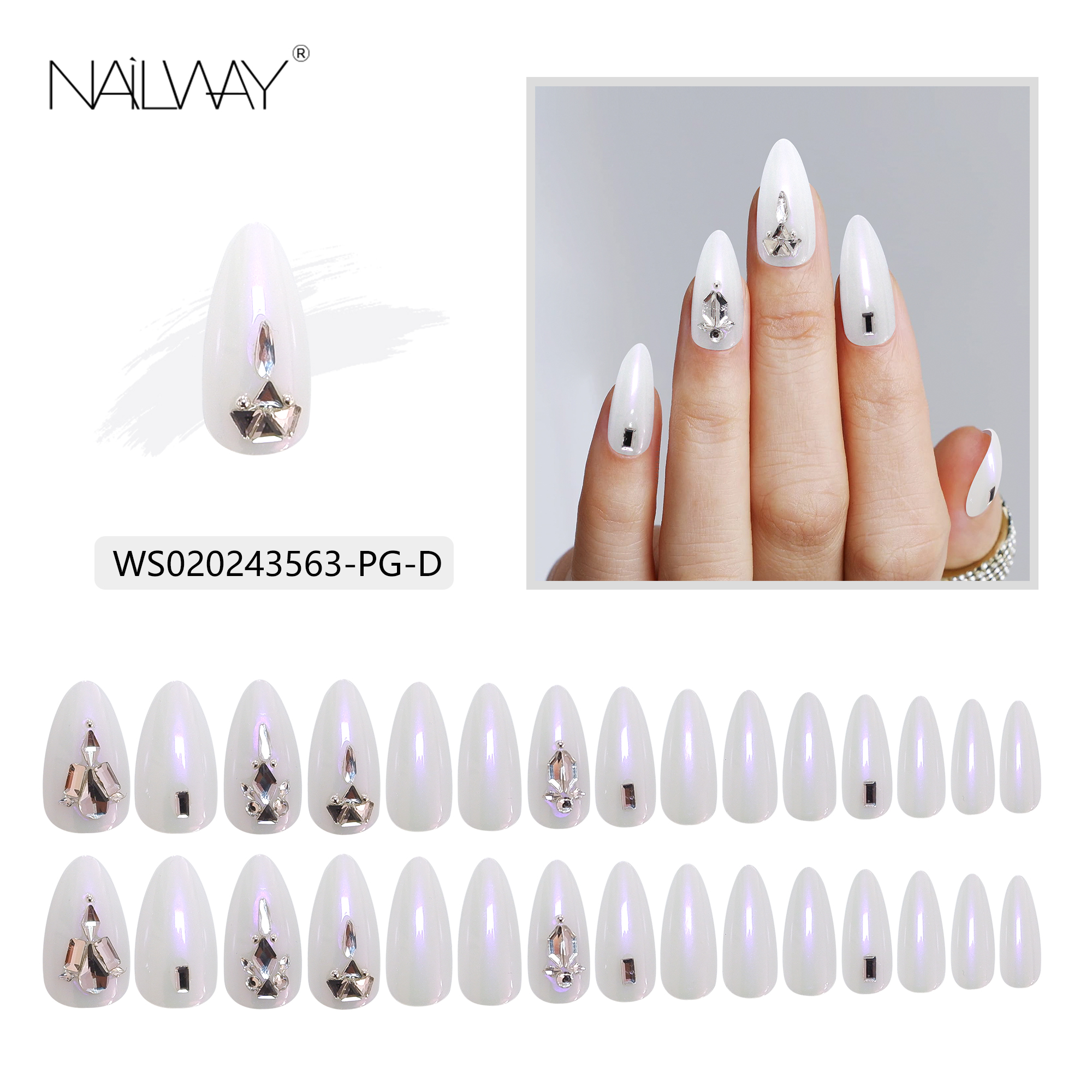 Nailway Luxury White Color GLossy Almond 30Pcs Press On Nails With Rhinestones - Image 5