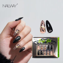 Glossy Finish Alomnd Gold Line Design Leopard Print False Nails Press On Nails