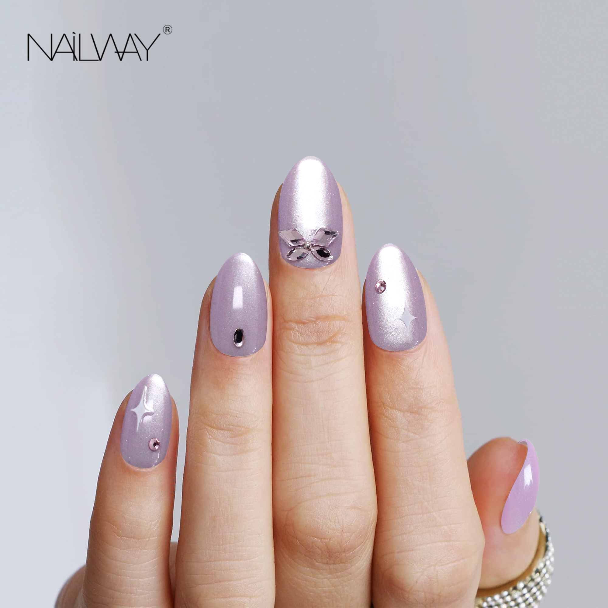 Nailway Short Oval Glossy Cat Eye Purple Color Star Print Soft Gel Diamond Artificial Nails - Image 2