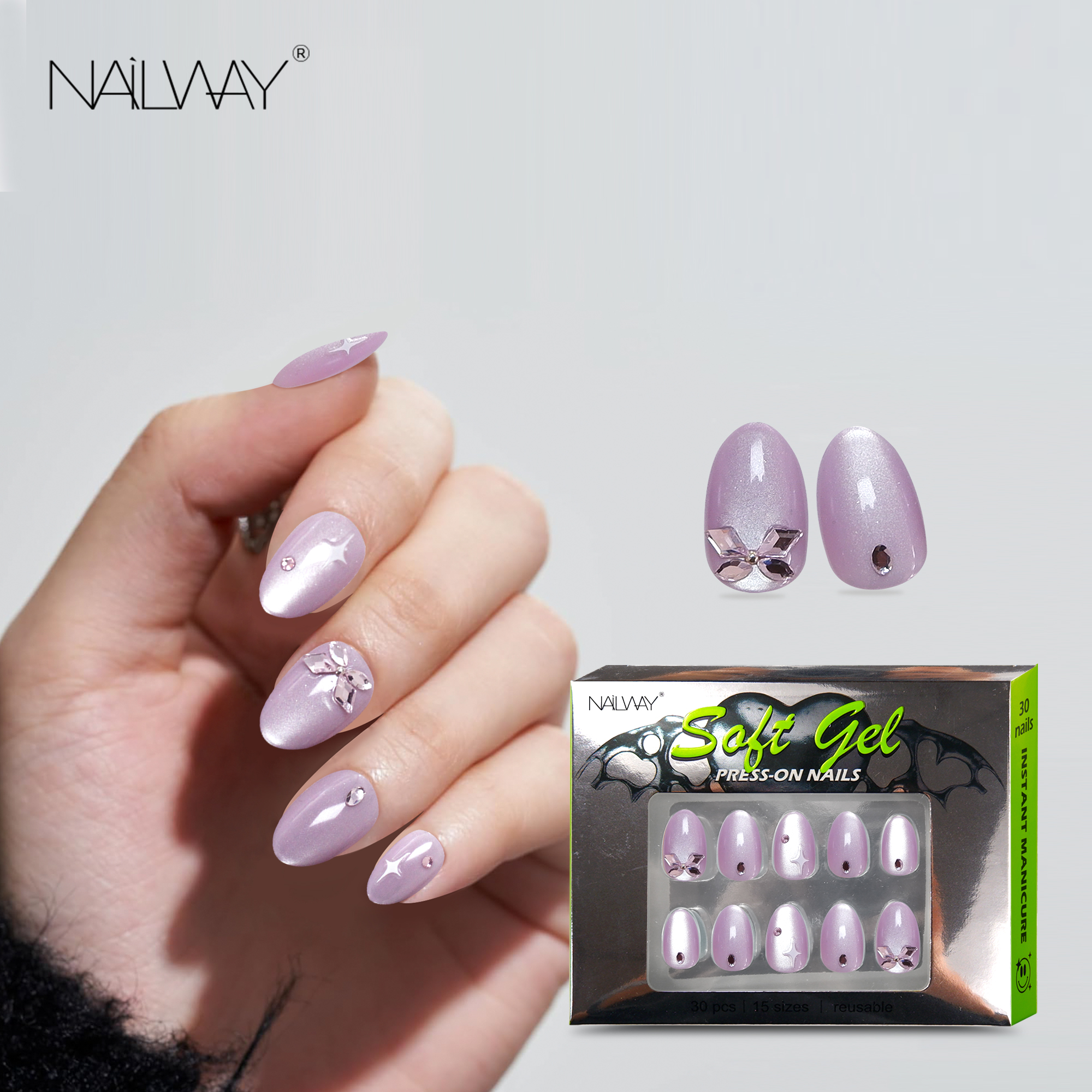 Nailway Short Oval Glossy Cat Eye Purple Color Star Print Soft Gel Diamond Artificial Nails