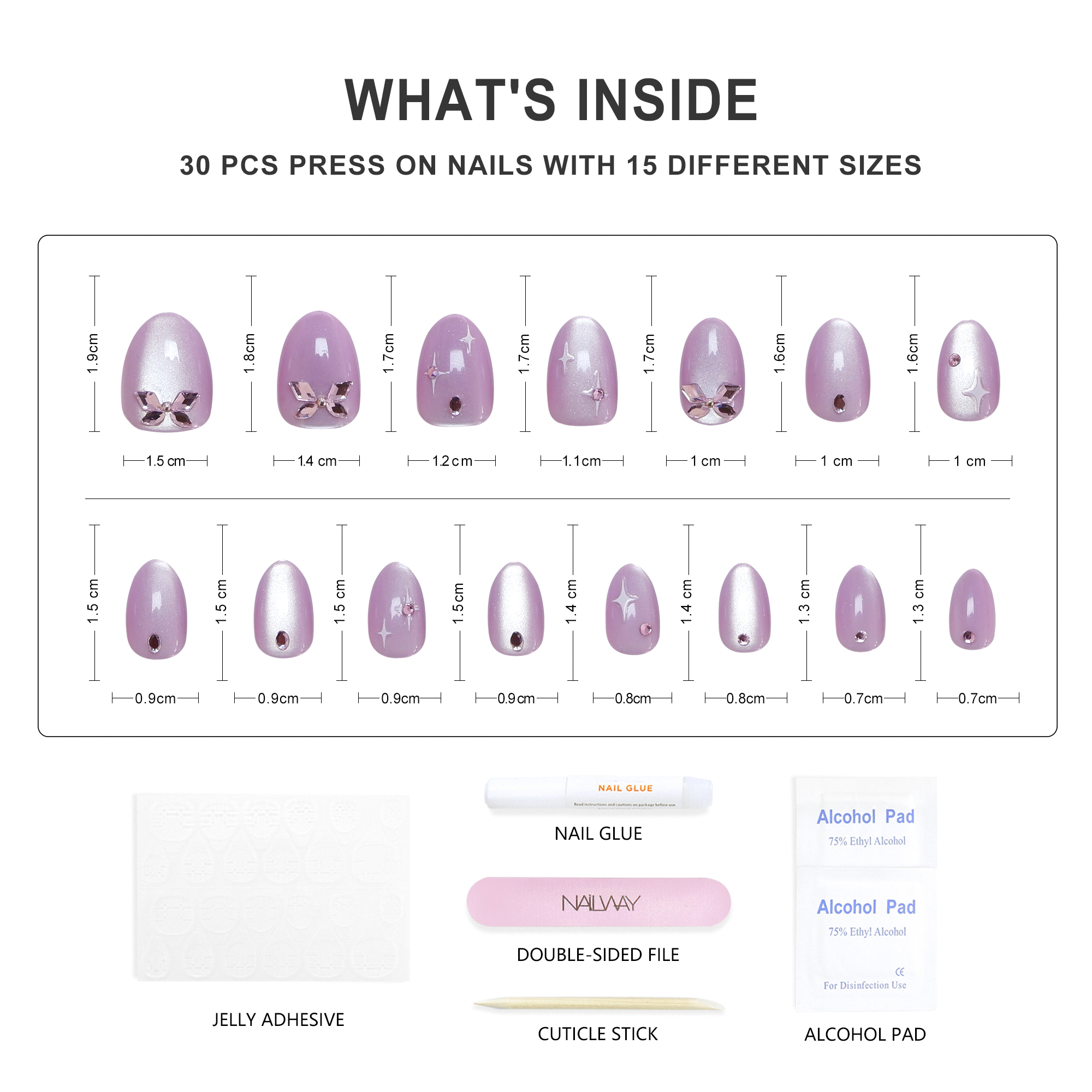 Nailway Short Oval Glossy Cat Eye Purple Color Star Print Soft Gel Diamond Artificial Nails - Image 4