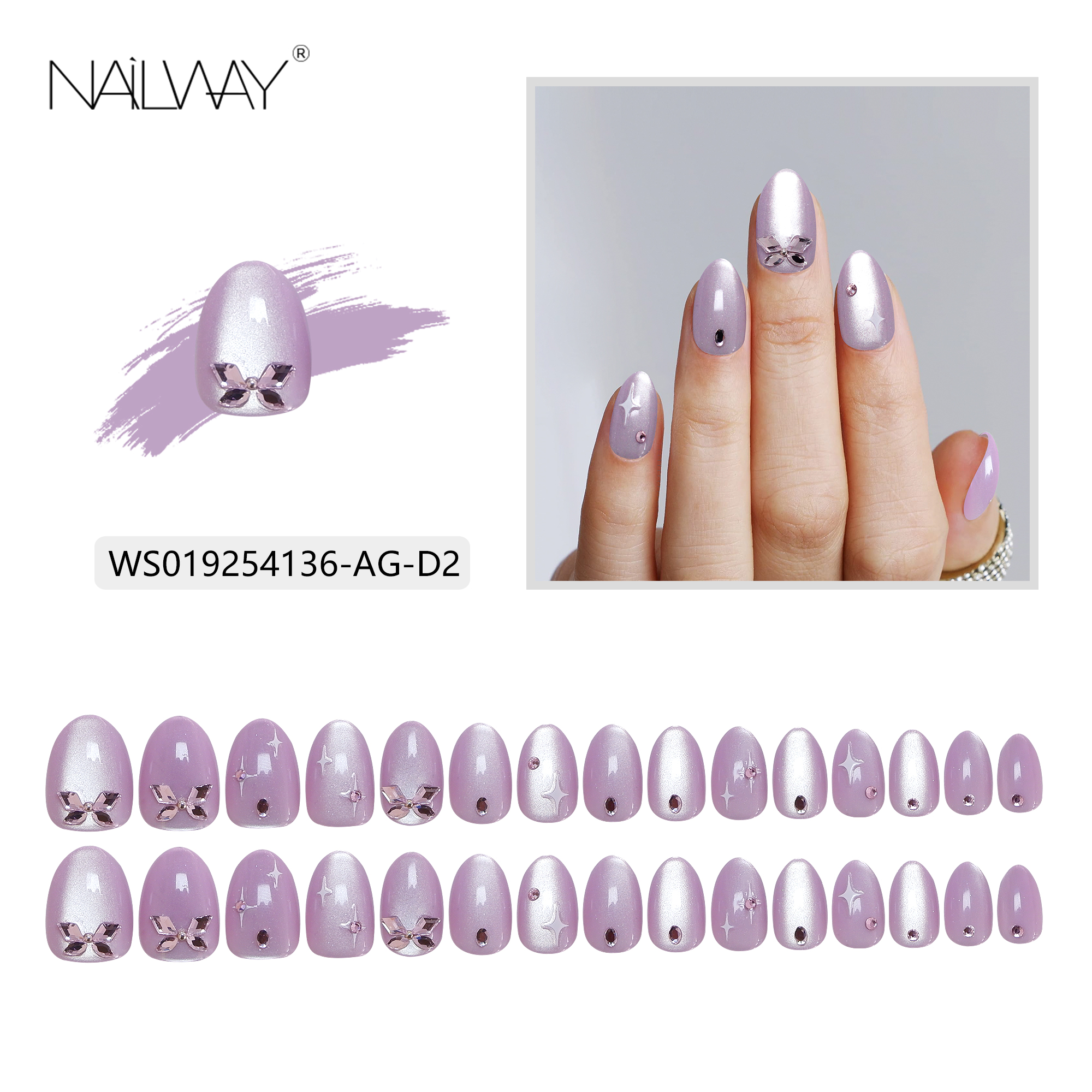 Nailway Short Oval Glossy Cat Eye Purple Color Star Print Soft Gel Diamond Artificial Nails - Image 5