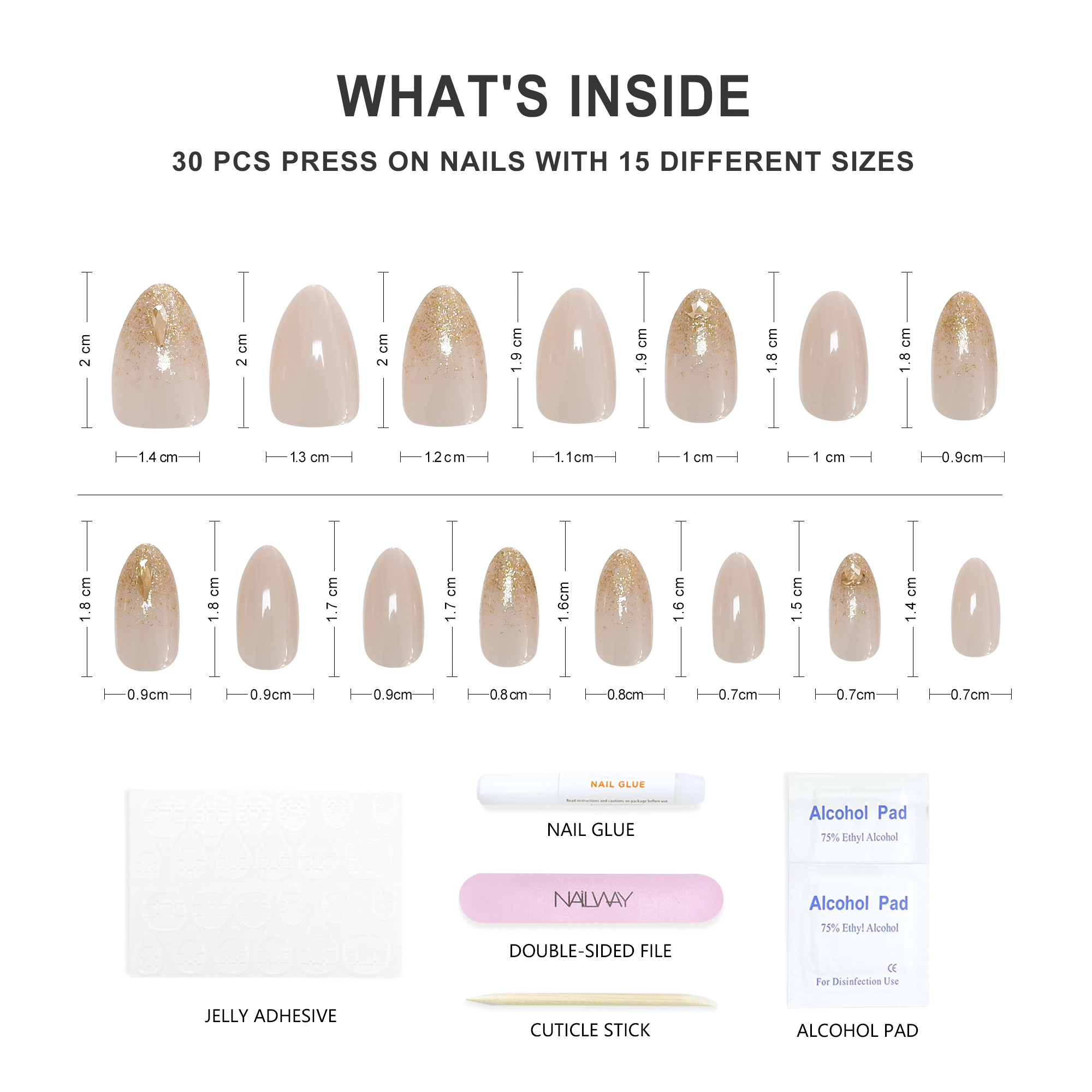 Nailway High Quality 30Pcs 15 Sizes Finger Nails Almond Press On Nails With Glitter - Image 4