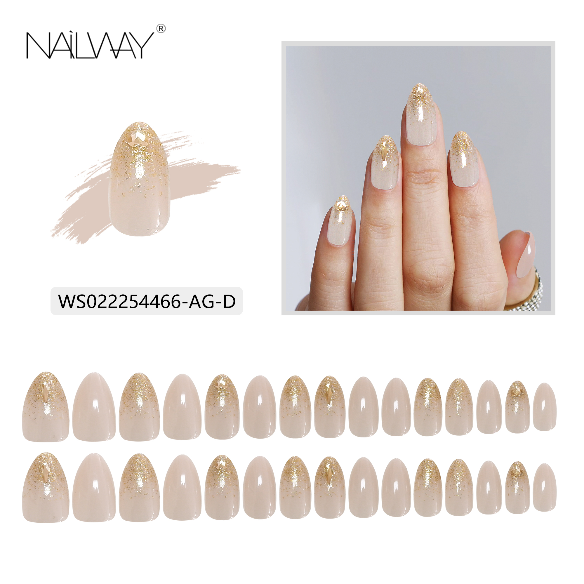 Nailway High Quality 30Pcs 15 Sizes Finger Nails Almond Press On Nails With Glitter - Image 5