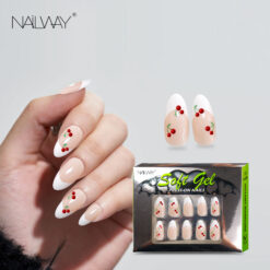 Nailway Wholesale Custom 30Pcs Cheery Design Print Acrylic Almond Fake Nails French Nail Tip