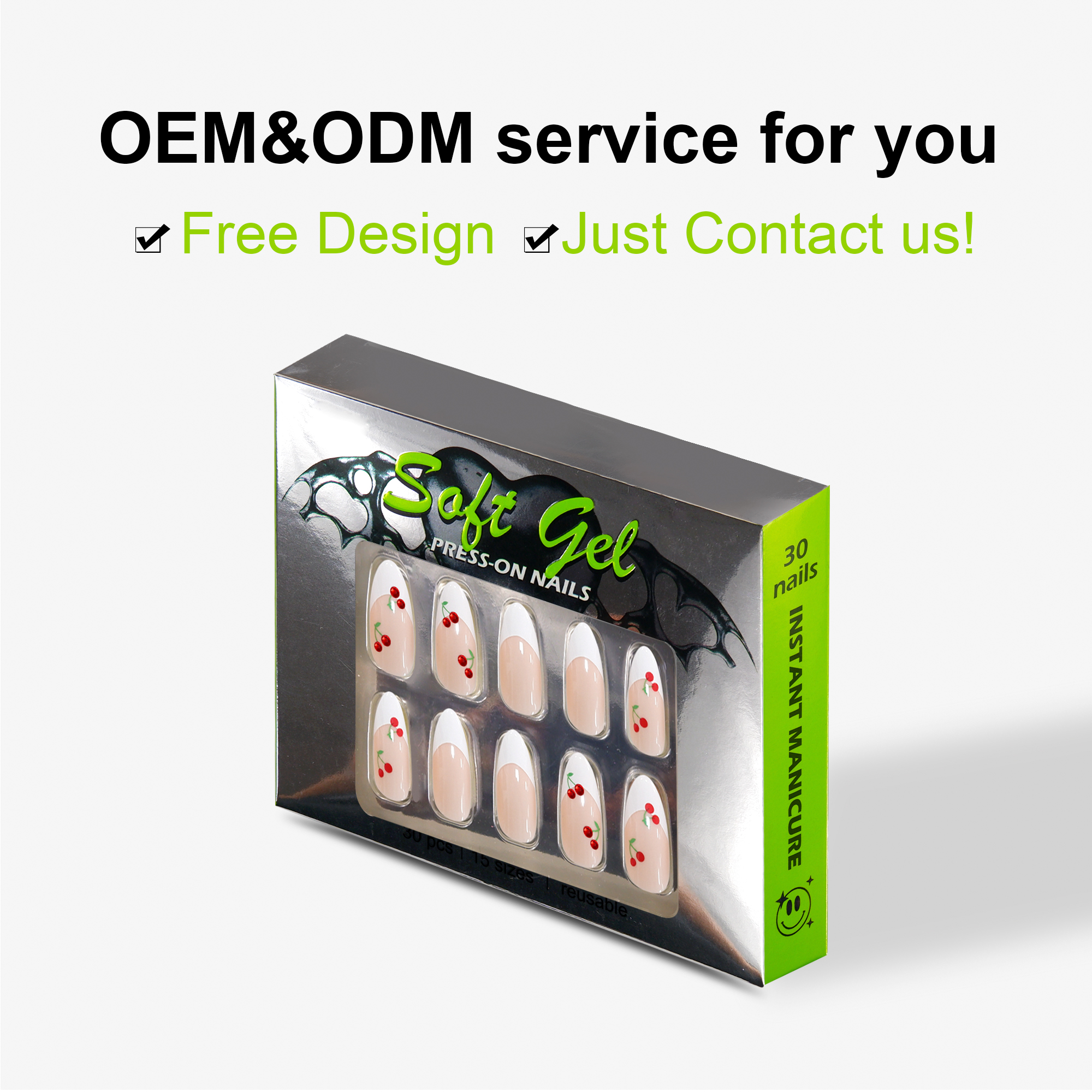 Nailway Wholesale Custom 30Pcs Cheery Design Print Acrylic Almond Fake Nails French Nail Tip - Image 3