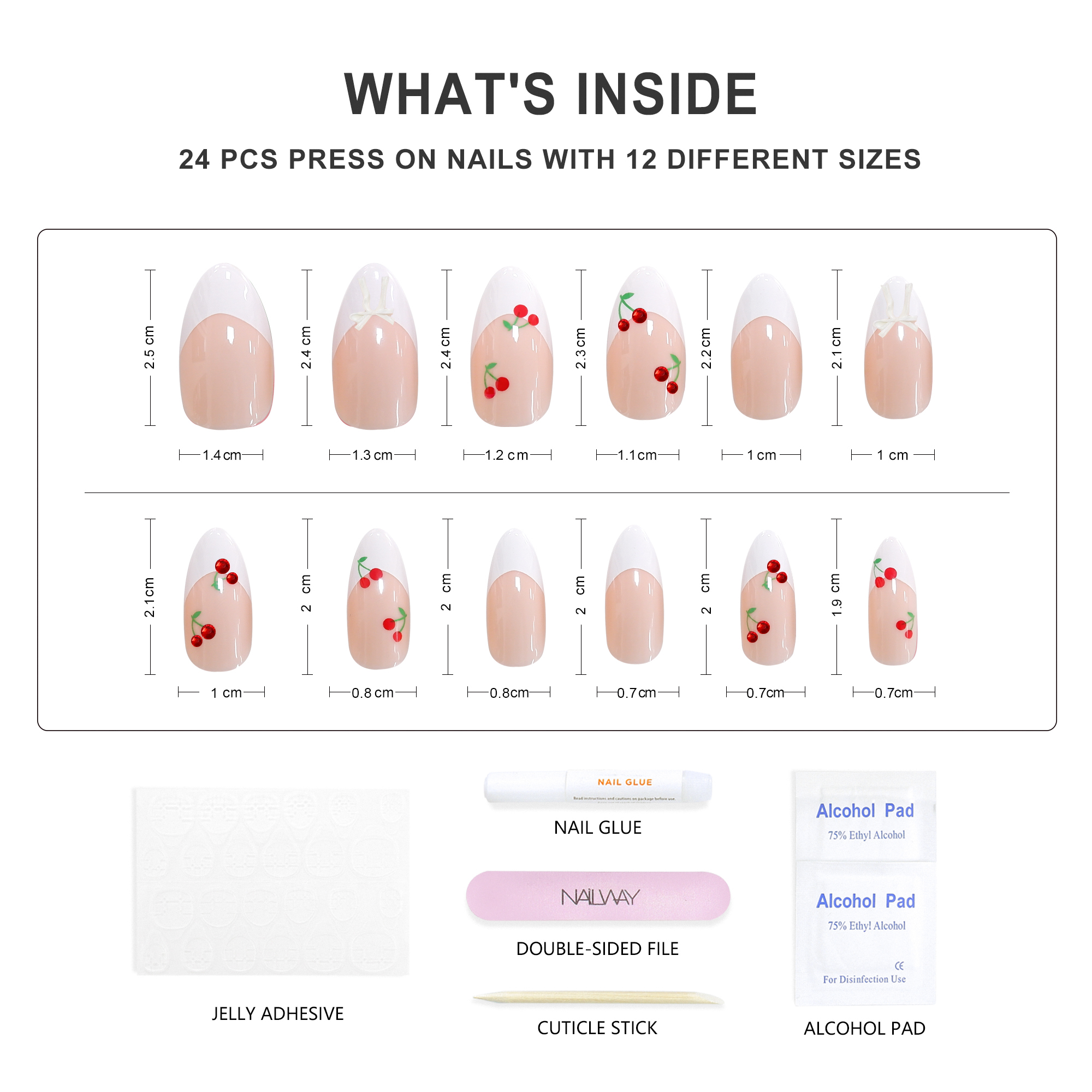 Nailway Wholesale Custom 30Pcs Cheery Design Print Acrylic Almond Fake Nails French Nail Tip - Image 4