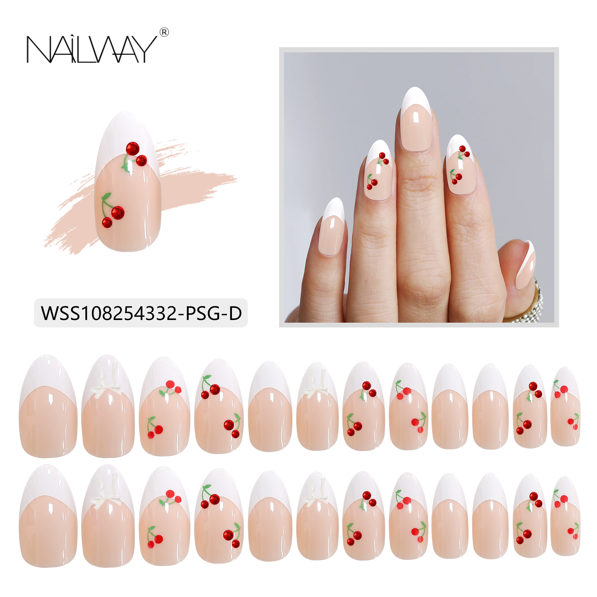 Nailway Wholesale Custom 30Pcs Cheery Design Print Acrylic Almond Fake Nails French Nail Tip - Image 5