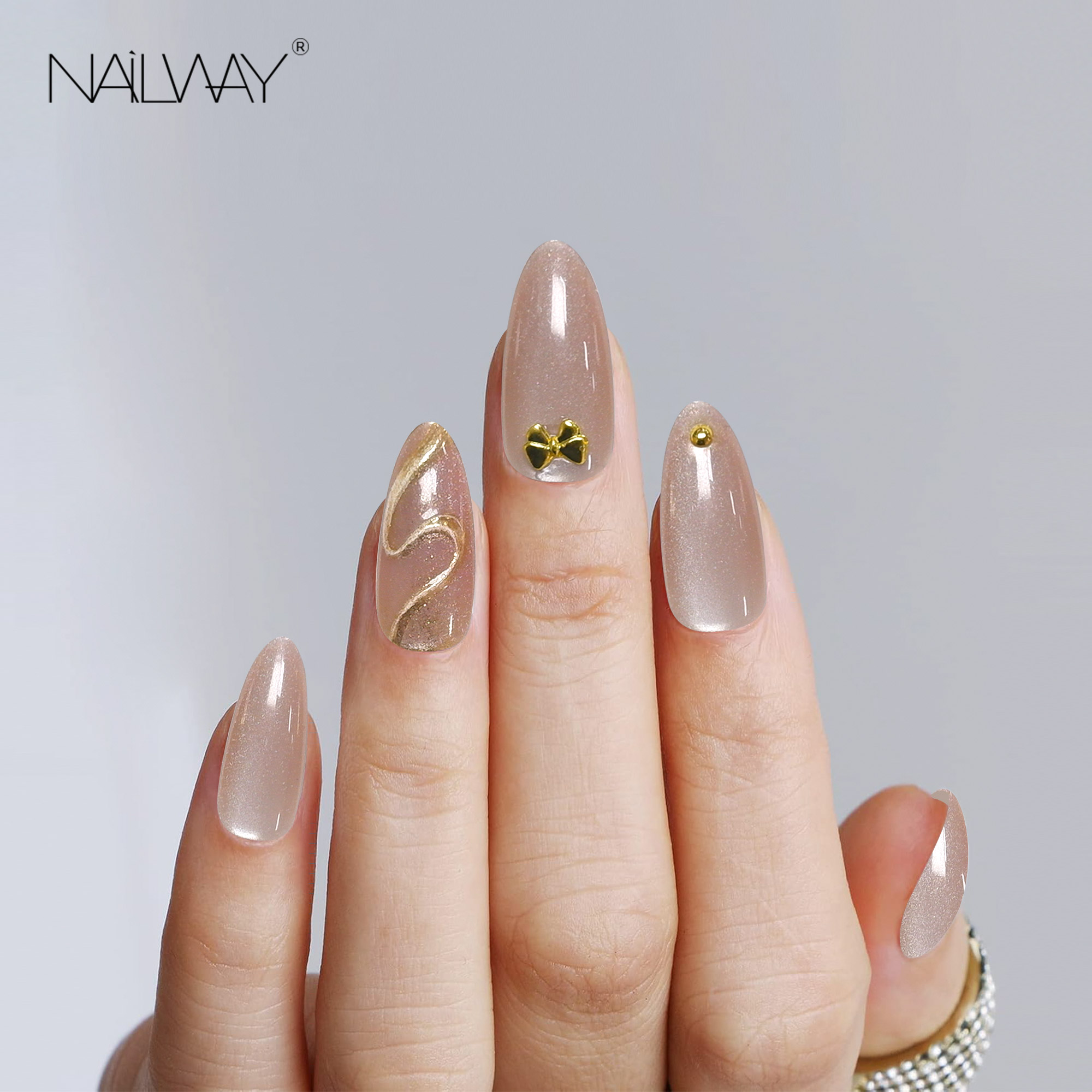 Nailway 30Pcs Handmade Reusable Cat Eye Gel Press On Nails With Foil Line Print - Image 2