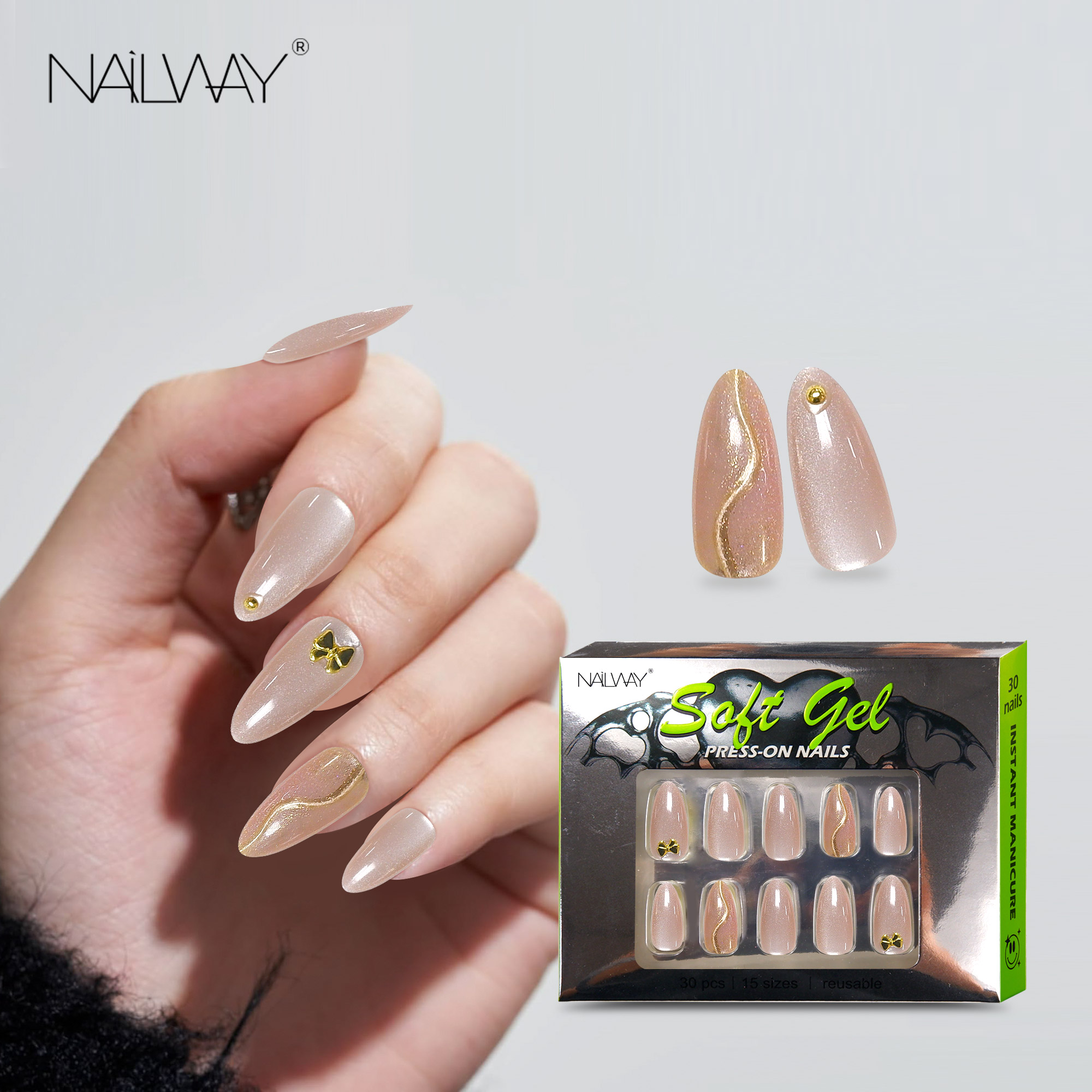 Nailway 30Pcs Handmade Reusable Cat Eye Gel Press On Nails With Foil Line Print