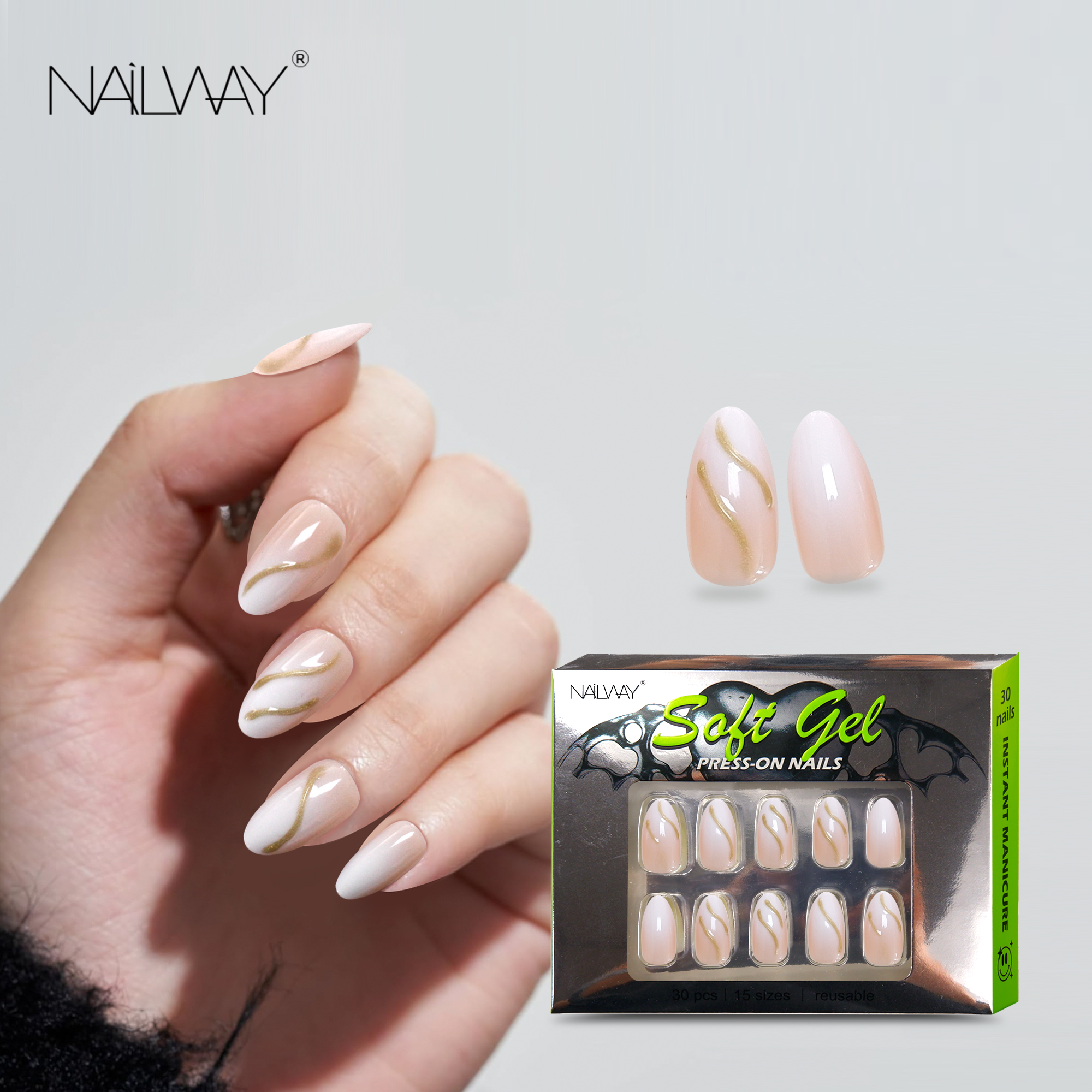 Nailway 30Pcs 15 Sizes Stiletto Shape French Artificial Nails Gel Press On Nails With Gold Foil