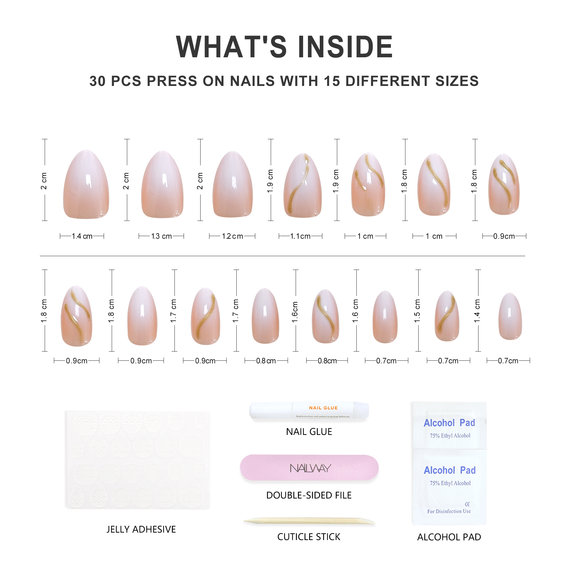 Nailway 30Pcs 15 Sizes Stiletto Shape French Artificial Nails Gel Press On Nails With Gold Foil - Image 4