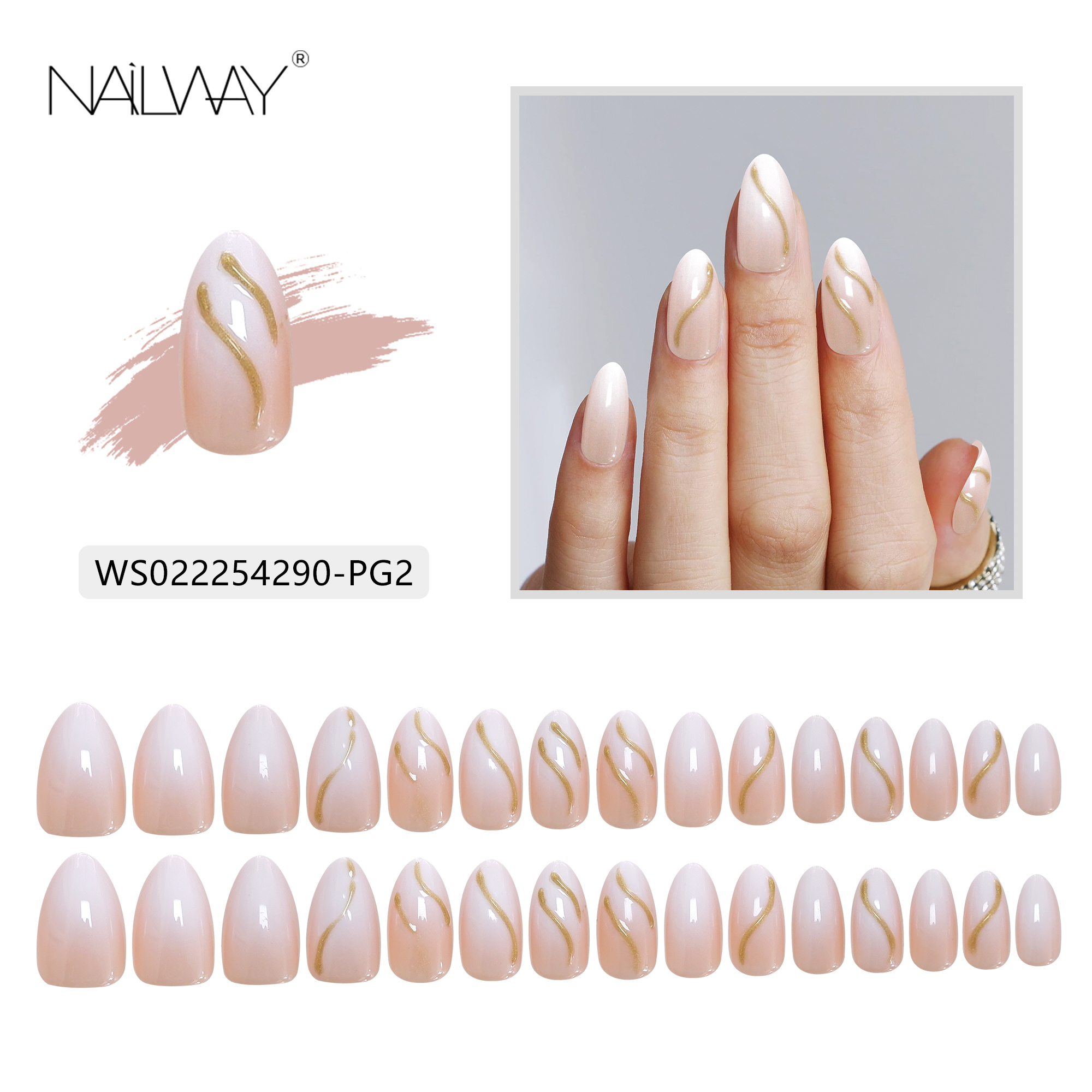 Nailway 30Pcs 15 Sizes Stiletto Shape French Artificial Nails Gel Press On Nails With Gold Foil - Image 5